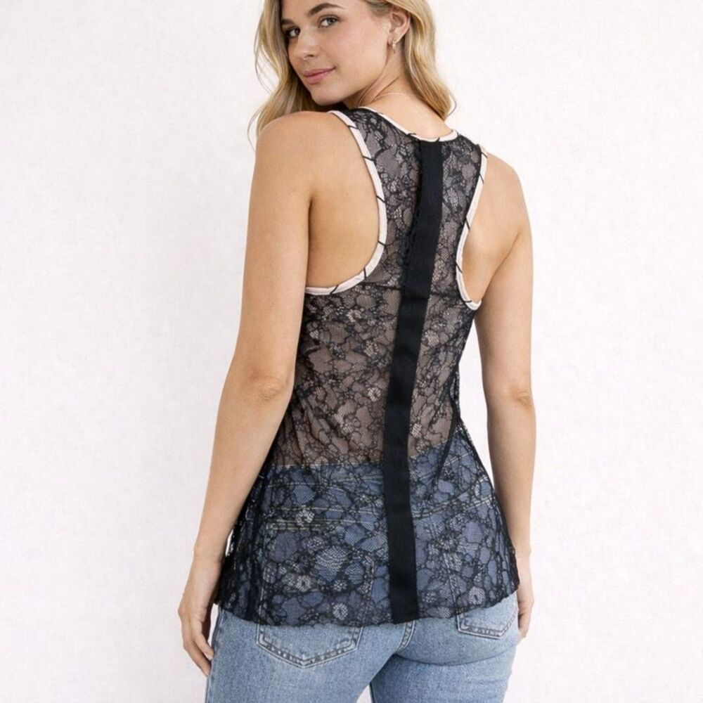 Poleci Women's NWT Lace Stripe Tank Top Size S Black White Sheer Indie Y2K Chic